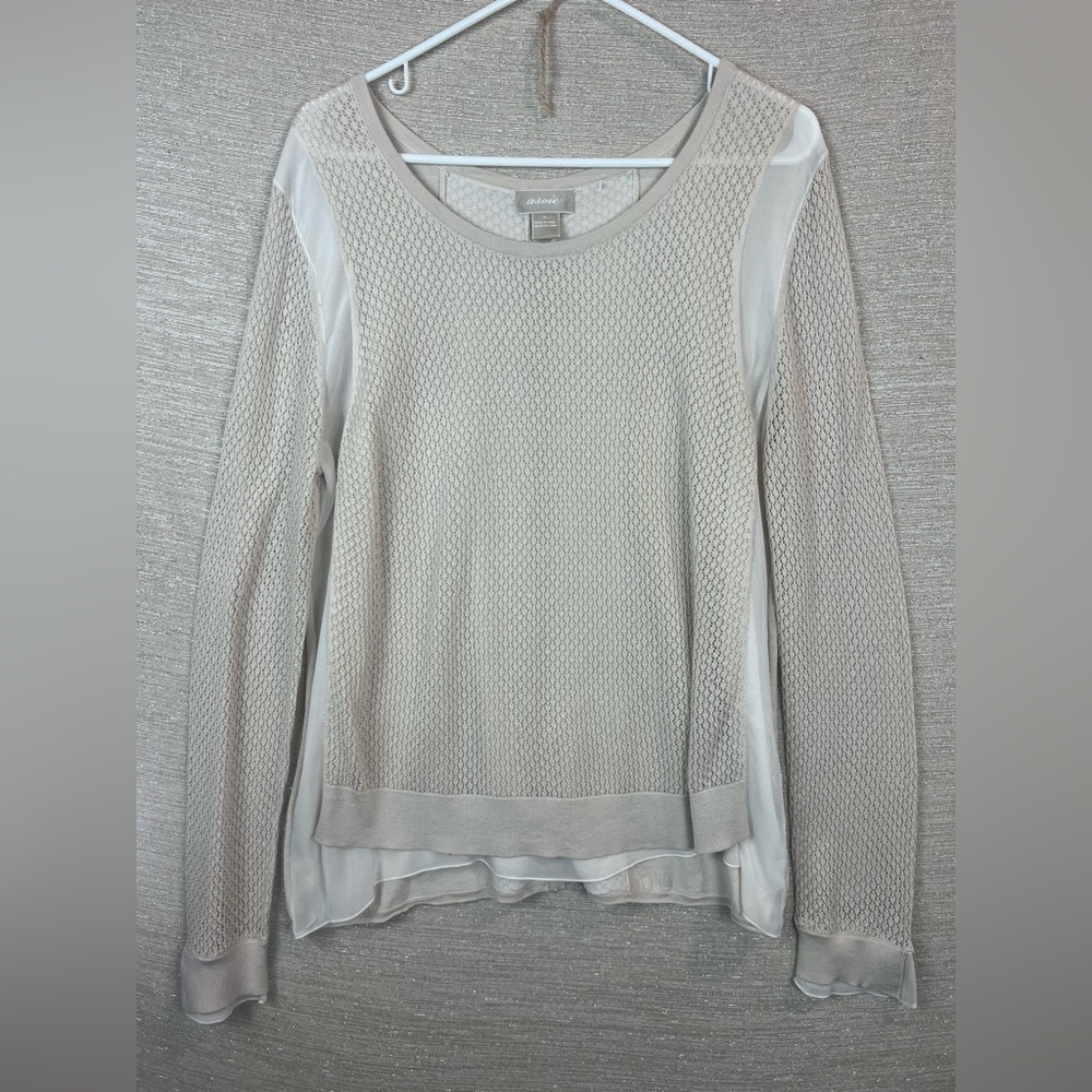 Asoie Size XL Silk Blend Long Sleeve Knit Lightweight Beige Preppy Blouse